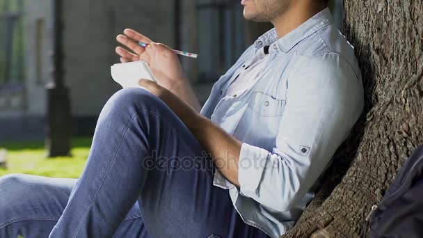 Mixed-race composer sitting under tree and enthusiastically creating new melody — Stock Video