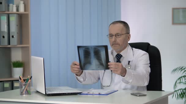 Radiologiste expérimenté examinant attentivement et décrivant l'image radiographique des poumons — Video