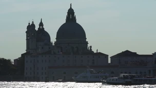 Skyline formé par la cathédrale monumentale au bord de l'eau avec des ferries, au ralenti — Video