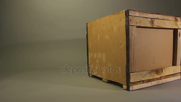 Caja de entrega de madera, contenedor perfecto para mercancías frágiles, servicio logístico — Vídeo de stock