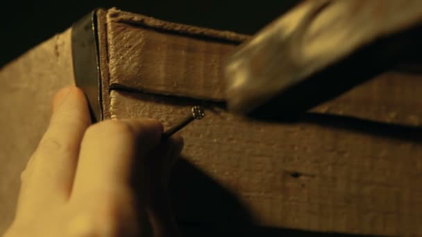 Carpenter nailing durable wooden box with hammer, packing goods, hands close-up — Stock Video