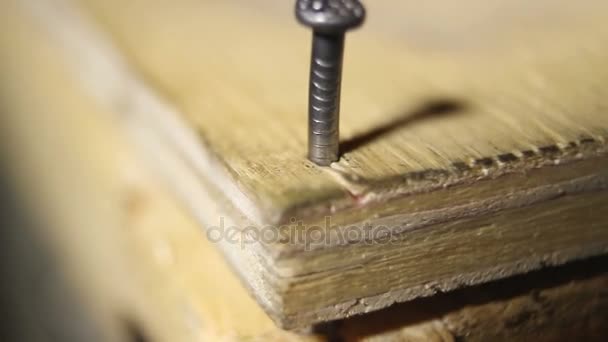 Person, die mit Hammer, Nagel gegen Schläge arbeitet, starker Mann mit Lebensproblemen — Stockvideo