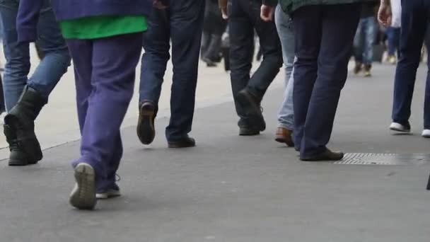 Pessoas caminhando para a estação de trem e malas rolando sobre rodas de rodízio, viajar — Vídeo de Stock