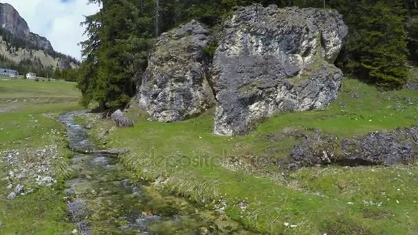 Büyük taşlar, Dolomites, peyzaj arasında akan dağ çayı görünümünü — Stok video