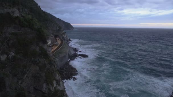 Bela vista da estação ferroviária de Manarola e mar Mediterrâneo, Cinque Terre — Vídeo de Stock