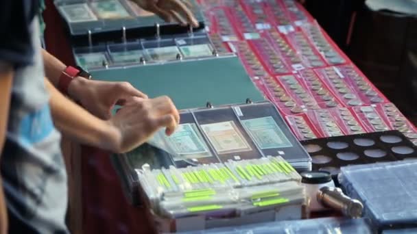 Numismatiker svarvning mappar med olika sedlar, antika myntsamling — Stockvideo