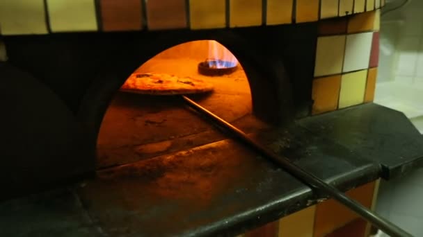 Cuisinier italien prenant la pizza au four appétissante hors four spécial, le servir sur une assiette — Video