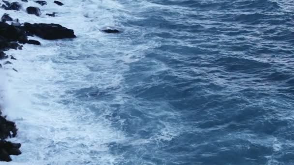 Emocionante paisagem marinha, câmera lenta de ondas espumosas batendo em pedras de penhasco — Vídeo de Stock