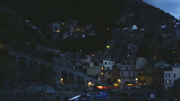 晚上 Manarola 镇，五渔村的照明建筑全景的视图 — 图库视频影像