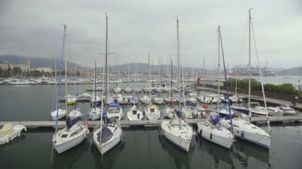 Частные лодки пришвартованы на пристани яхт-клуба, плохая погода для плавания в открытом море — стоковое видео
