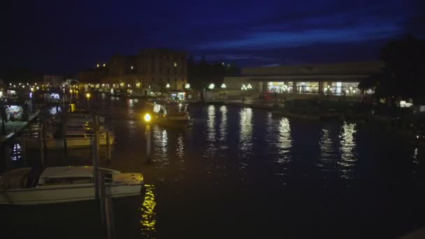Vaporetto water taxi taking tourists to hotel at night, transport in Venice — Stock Video