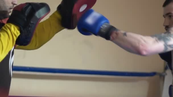 Профессиональный боксер проводит удары со своим личным тренером в ринге в тренажерном зале — стоковое видео