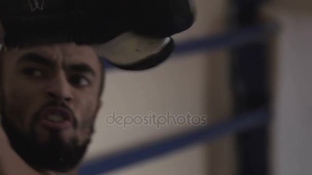 Агрессивный боец наносит тяжелые удары локтем по рингу со своим личным тренером — стоковое видео