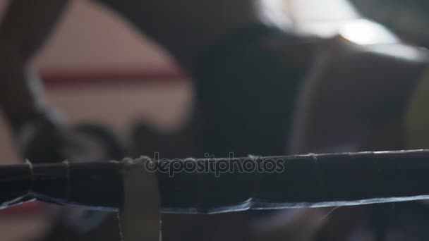 Muay thai luchador ejercitando patadas de rodilla en el ring de boxeo antes de la competencia — Vídeos de Stock