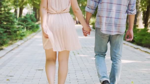 Счастливая романтическая пара, прогуливающаяся в парке, держась за руки на свидании, беззаботная жизнь — стоковое видео