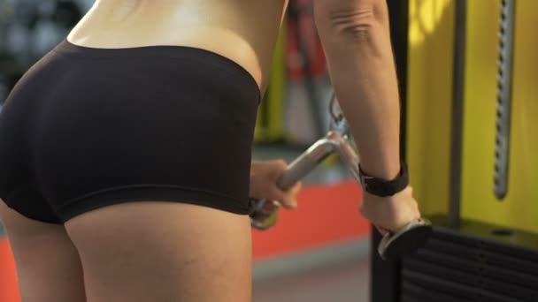 Fit femme en short sexy faisant pull-down dans la salle de gym, corps féminin attrayant — Video