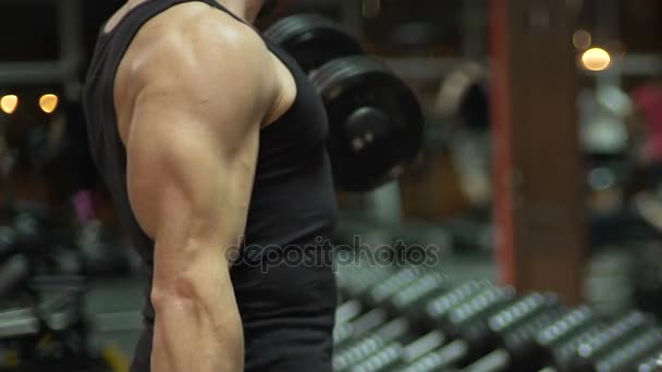 Человек делает подъемы, держит тяжелые гантели в руках, тренировки мышц рук — стоковое видео