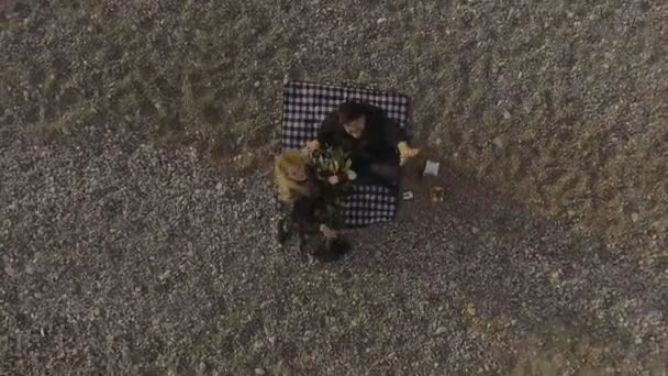 Frau und Mann sitzen auf einer Decke am Strand, blicken auf und winken, Luftaufnahme — Stockvideo