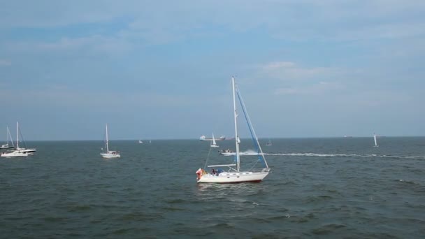 Zeilboten uit in zee op zonnige dag met speedboot uitgevoerd tussen hen duidelijk — Stockvideo