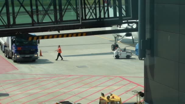Ciężarówka, zatrzymując się samolotem, personel gotowy do załadunku towarów na pokładzie statku powietrznego, Lotnisko — Wideo stockowe