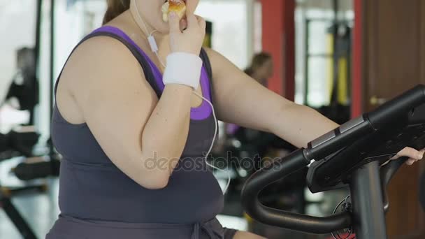 Толстая молодая женщина со слабой силой воли ест пончик во время тренировки в тренажерном зале — стоковое видео