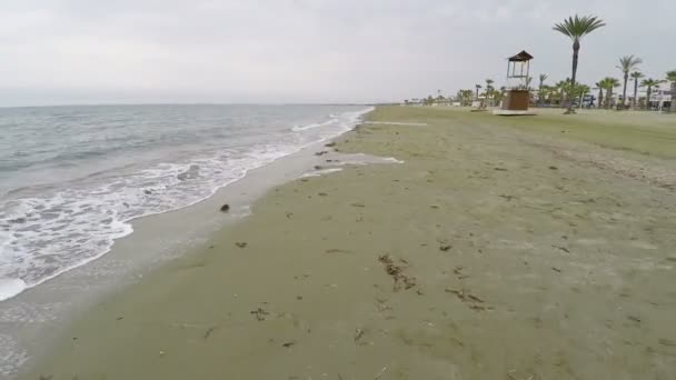 Luftdrohne über verschmutztem Strand mit Algen, Nebensaison, Zypern — Stockvideo