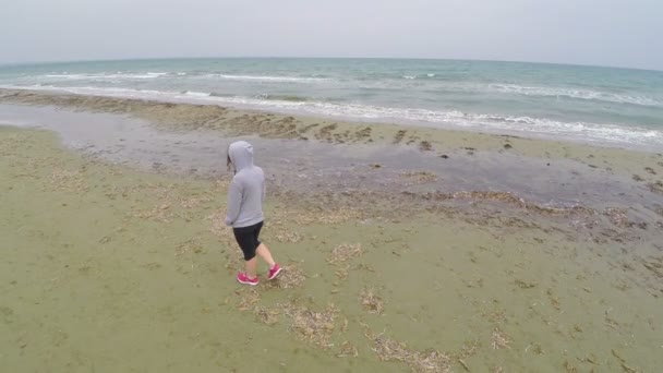 Sportlerin bewegt sich am Strand entlang und genießt schöne Landschaft, Luftaufnahme — Stockvideo