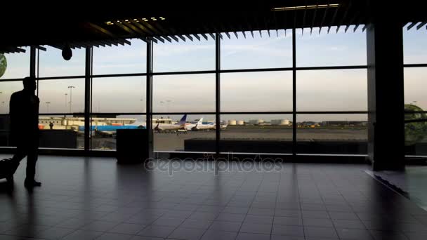 Uomini e donne con borse a piedi al terminal dell'aeroporto, in viaggio e in vacanza — Video Stock