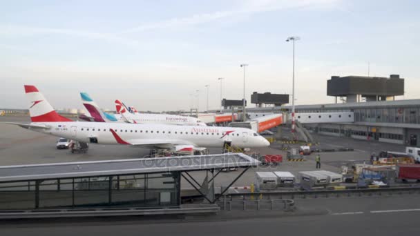 FRANCESCO, GERMANIA - CIRCA MARZO 2017: Aerei in aeroporto. Manutenzione di aeromobili, vista di aerei attraverso la finestra del terminal dell'aeroporto, compagnie aeree — Video Stock