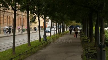 Zagreb, şehir hayatının sokak, yağmurlu havada yürüyüş şemsiye grubu