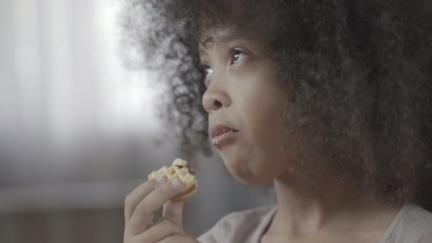 Pequeño niño de pelo negro masticando sabrosa galleta con apetito, comida poco saludable — Vídeo de stock