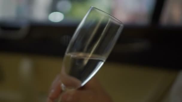 Genç erkek arka koltuğunda pahalı Araba sürme ve şampanya, lüks içme — Stok video