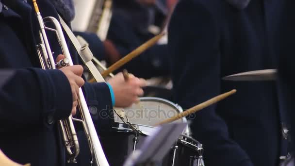 Drummer from orchestra actively playing drum setting music rhythm to band — Stock Video