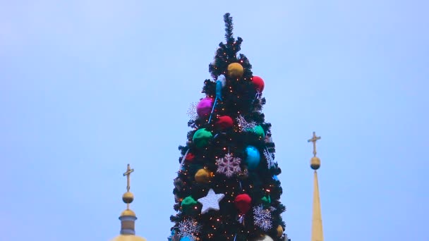 Vista di alto albero di Natale splendidamente decorato contro la chiesa, sequenza — Video Stock