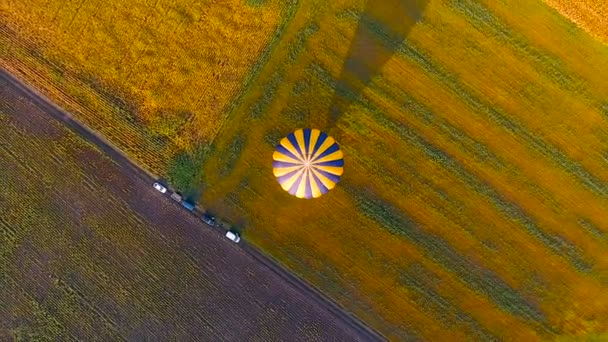Envelop van hete luchtballon landde zwevend in de lucht, die de schaduw werpt over veld — Stockvideo