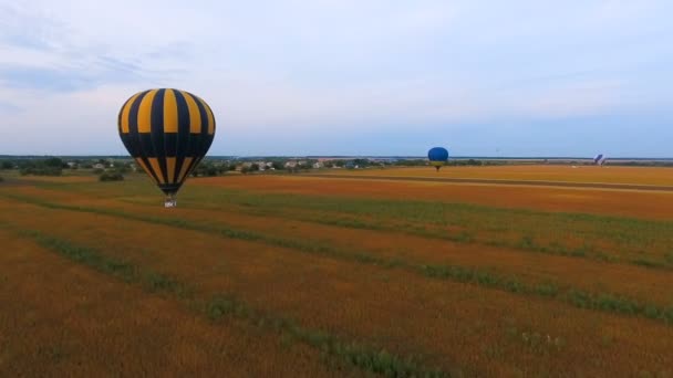 Montgolfières flottant à basse altitude au-dessus des champs, village en arrière-plan, puissance agricole — Video