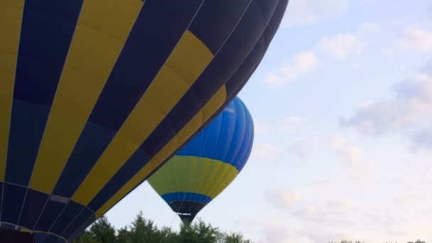 Bela vista do balão de ar quente colorido voando sobre as árvores, aeronaves — Vídeo de Stock