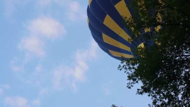 Вид снизу на красивый воздушный шар, пролетающий над деревьями, досуг — стоковое видео