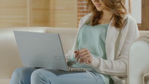 Jeune femme assise sur le canapé et bavarder avec son petit ami sur un ordinateur portable, détente — Video