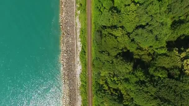 Прибрежная железная дорога, проходящая между Батумским ботаническим садом и морем, вид сверху — стоковое видео