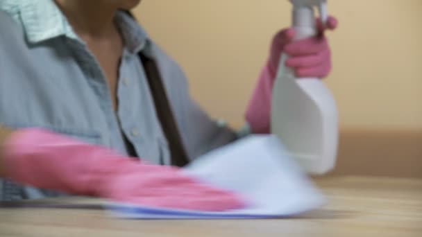 Концентрированная домохозяйка моет стол в гостиной, чтобы удалить неприятный запах — стоковое видео