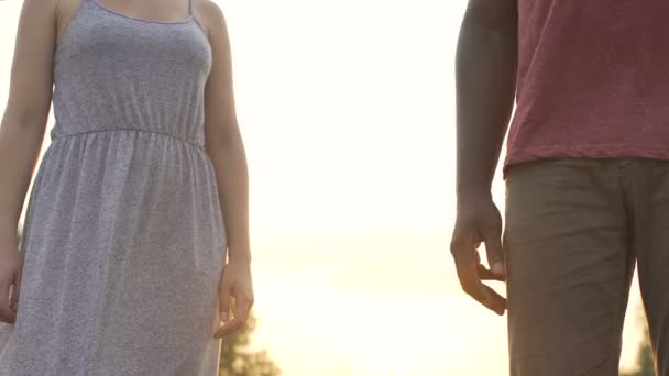 Boyfriend and girlfriend firmly clasp hands on a sunset background, together — Stock Video