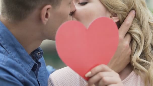 人々 を愛し、人間と紙のハートを持った女性の情熱的なキスのクローズ アップ — ストック動画