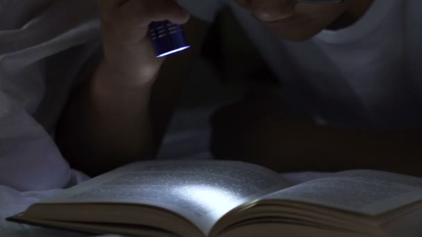 Criança deitada debaixo de coberturas com livro, acendendo a tocha para ler, vício em livros — Vídeo de Stock