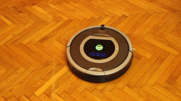 Activation of domestic vacuum cleaning robot, intelligent household appliances — Stock Video
