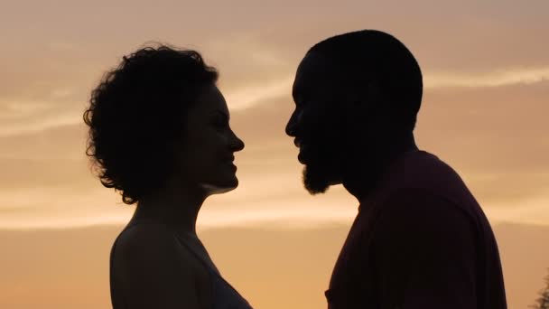 Silhouettes of man and woman gently touching each other, sunset background — Stock Video