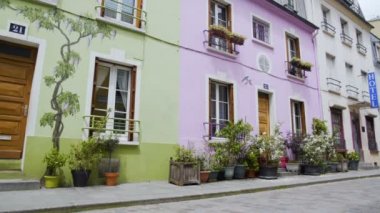 Çiçekler ve çalılar ayakta tencere renkli evleri yakınında, Paris'te güzel sokak