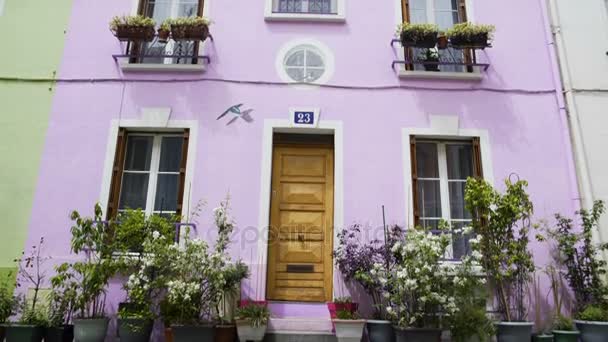 Blumen stehen in Töpfen in der Nähe von schönen lila Haus, gemütliche Straße in Paris — Stockvideo