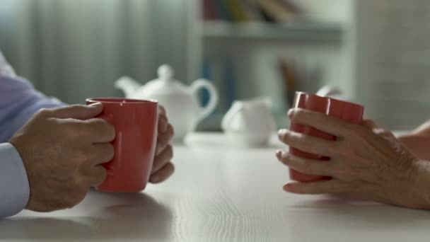 Elderly family couple enjoying nice evening at home, chatting over cup of tea — Stock Video