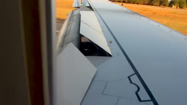 Самолёт приземляется на взлетно-посадочной полосе с помощью воздушных тормозов, пассажир смотрит в окно — стоковое видео